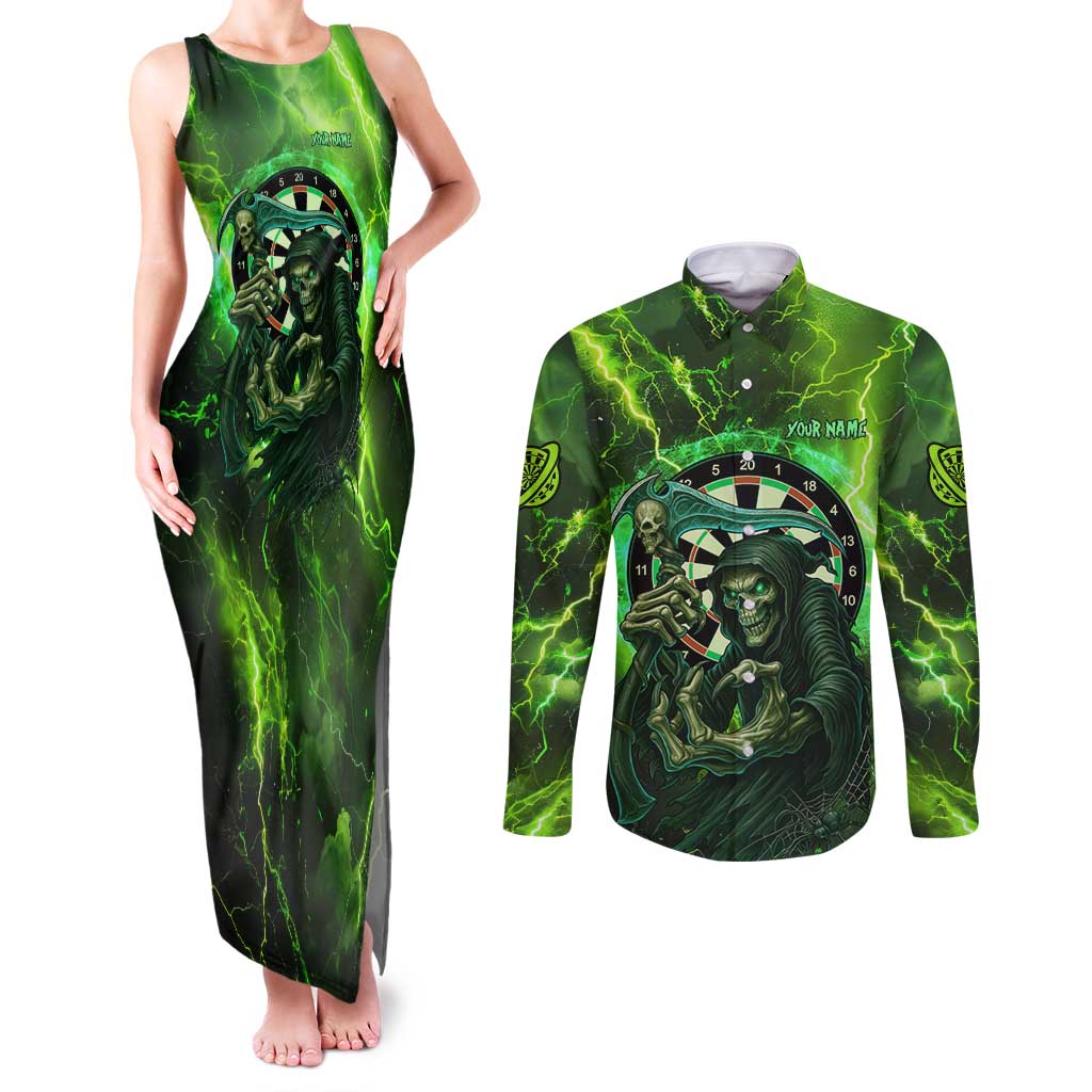 Grim Reaper and Dartboard Darts Couples Matching Tank Maxi Dress and Long Sleeve Button Shirt with Green Lightning Background and Custom Team Name - Wonder Print Shop