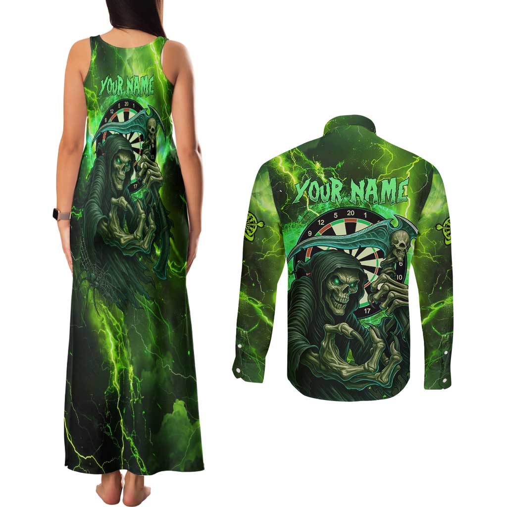 Grim Reaper and Dartboard Darts Couples Matching Tank Maxi Dress and Long Sleeve Button Shirt with Green Lightning Background and Custom Team Name - Wonder Print Shop