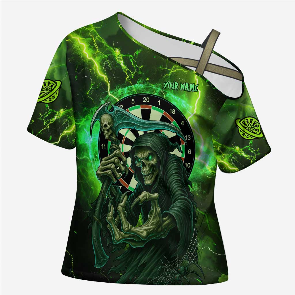 Grim Reaper and Dartboard Darts Cross Shoulder Shirt with Green Lightning Background and Custom Team Name - Wonder Print Shop