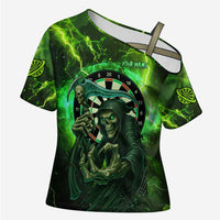 Grim Reaper and Dartboard Darts Cross Shoulder Shirt with Green Lightning Background and Custom Team Name - Wonder Print Shop