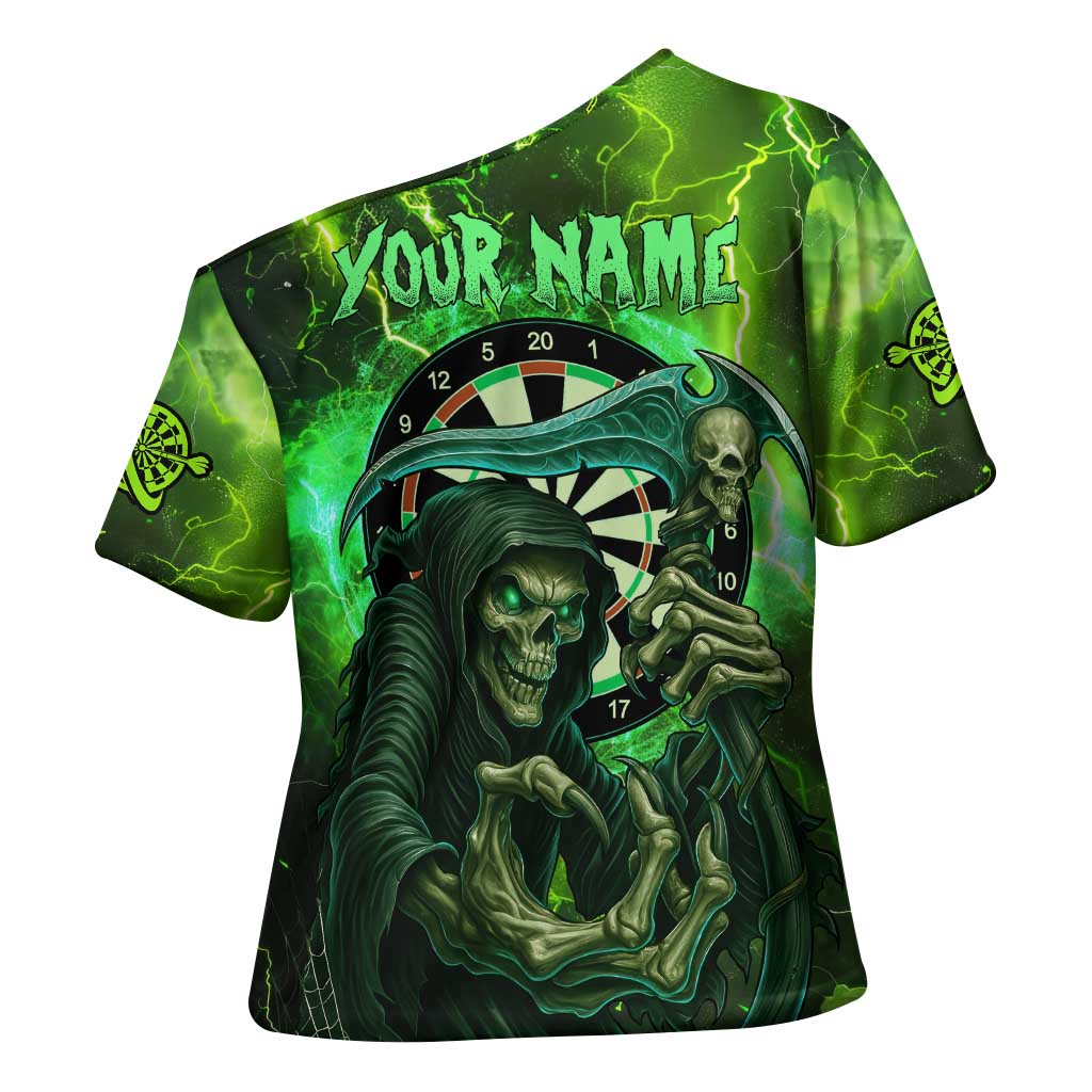 Grim Reaper and Dartboard Darts Cross Shoulder Shirt with Green Lightning Background and Custom Team Name - Wonder Print Shop