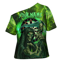 Grim Reaper and Dartboard Darts Cross Shoulder Shirt with Green Lightning Background and Custom Team Name - Wonder Print Shop