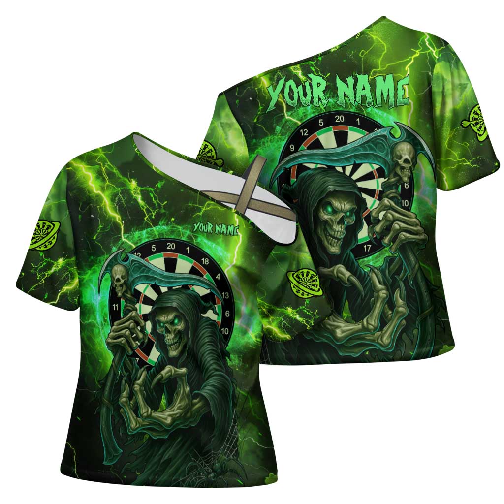 Grim Reaper and Dartboard Darts Cross Shoulder Shirt with Green Lightning Background and Custom Team Name - Wonder Print Shop