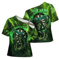 Grim Reaper and Dartboard Darts Cross Shoulder Shirt with Green Lightning Background and Custom Team Name - Wonder Print Shop
