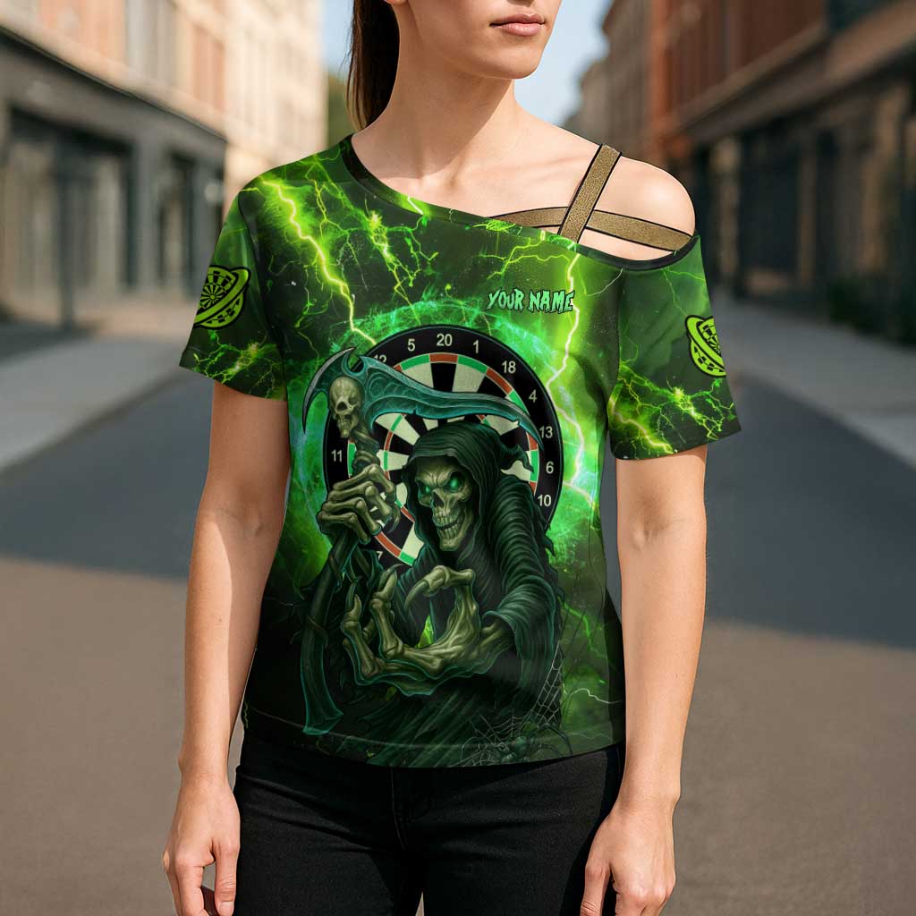 Grim Reaper and Dartboard Darts Cross Shoulder Shirt with Green Lightning Background and Custom Team Name - Wonder Print Shop