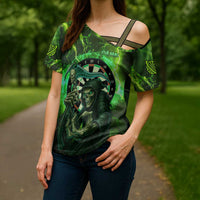 Grim Reaper and Dartboard Darts Cross Shoulder Shirt with Green Lightning Background and Custom Team Name - Wonder Print Shop