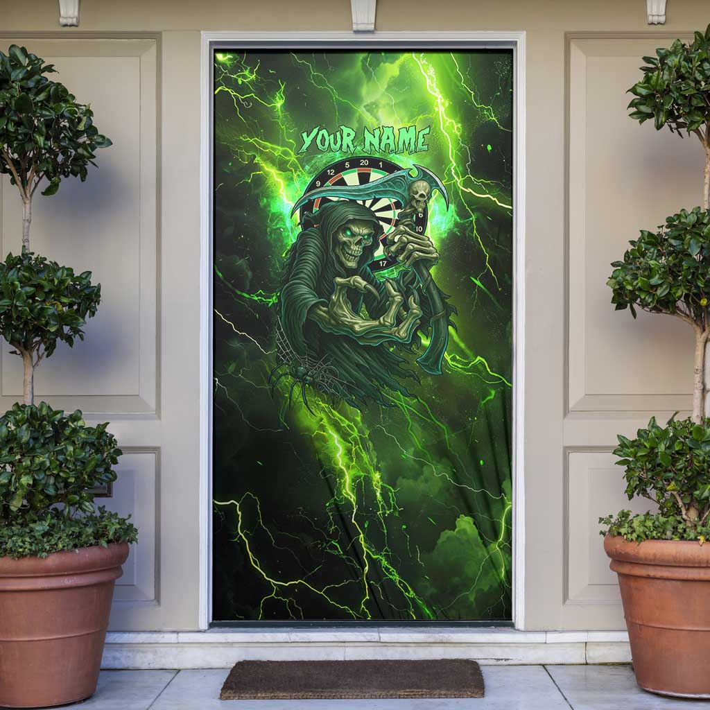 Grim Reaper and Dartboard Darts Door Cover with Green Lightning Background and Custom Team Name - Wonder Print Shop