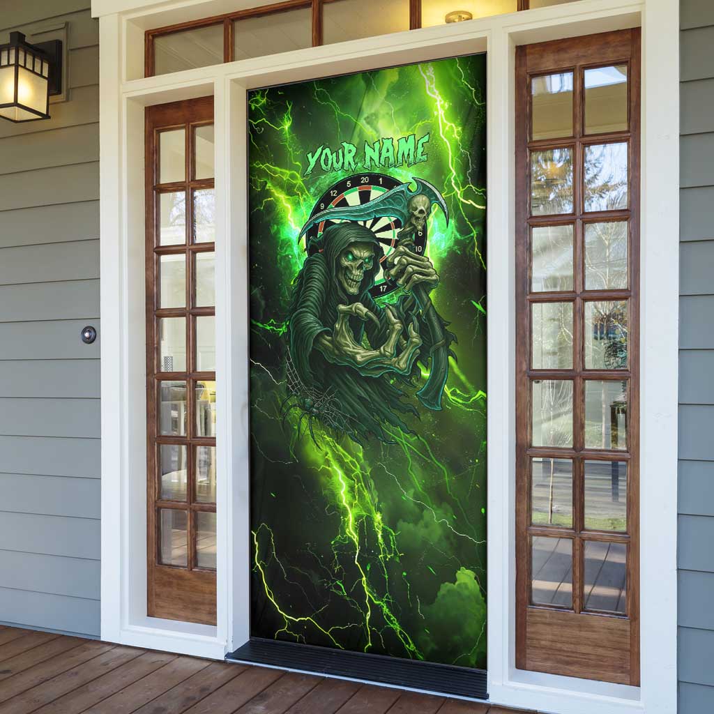Grim Reaper and Dartboard Darts Door Cover with Green Lightning Background and Custom Team Name - Wonder Print Shop