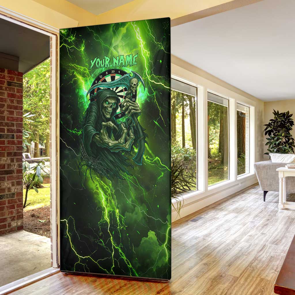 Grim Reaper and Dartboard Darts Door Cover with Green Lightning Background and Custom Team Name - Wonder Print Shop