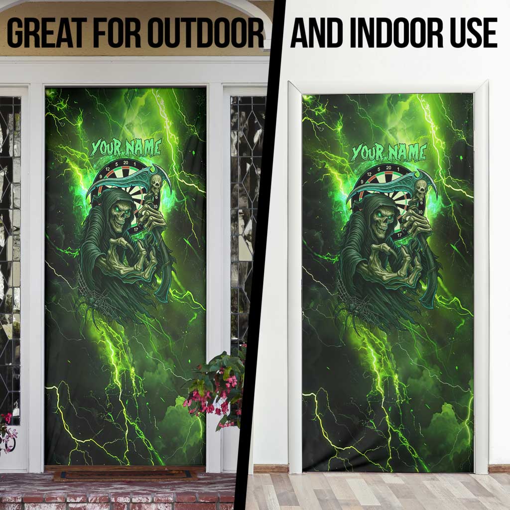 Grim Reaper and Dartboard Darts Door Cover with Green Lightning Background and Custom Team Name - Wonder Print Shop