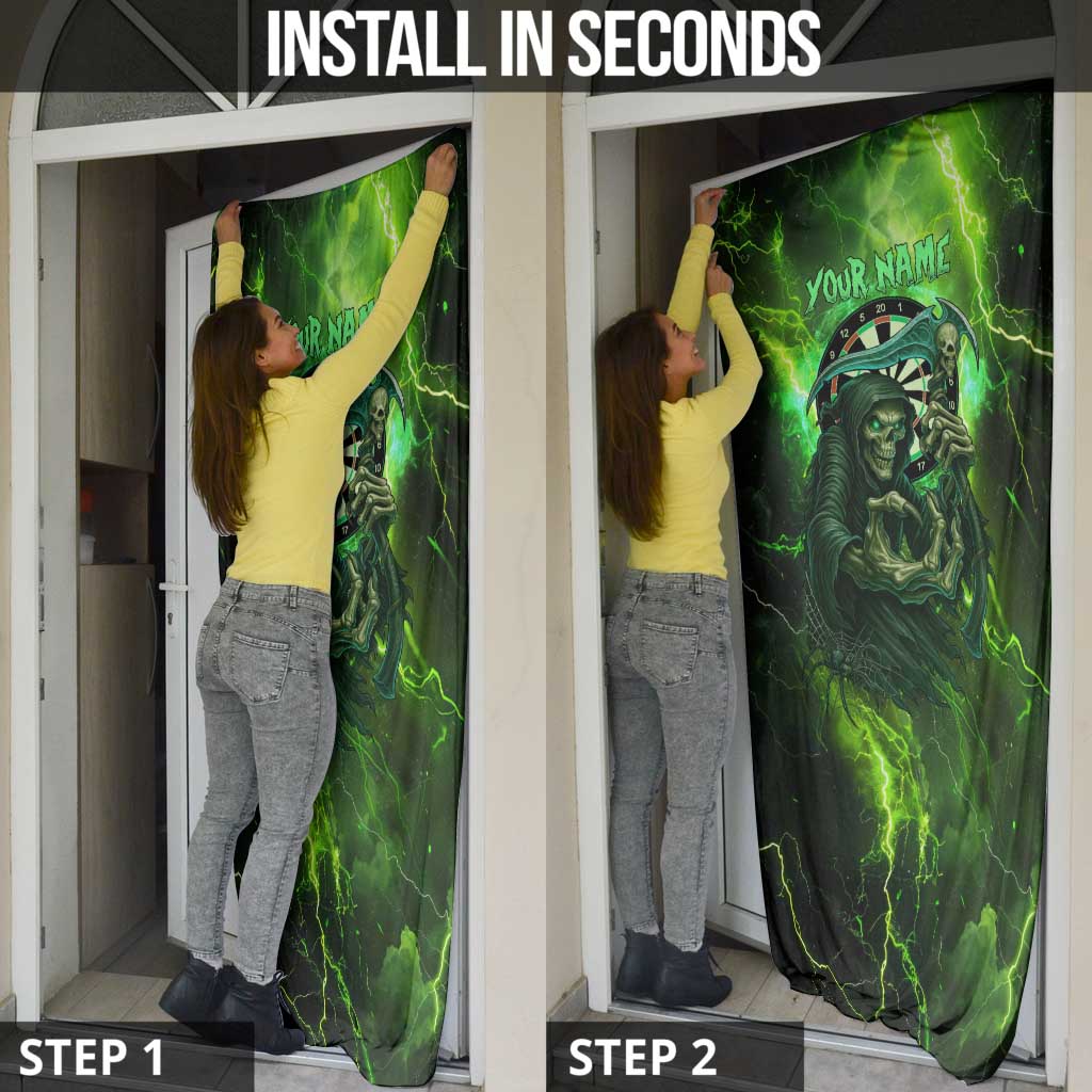 Grim Reaper and Dartboard Darts Door Cover with Green Lightning Background and Custom Team Name - Wonder Print Shop