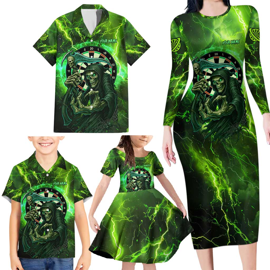 Grim Reaper and Dartboard Darts Family Matching Long Sleeve Bodycon Dress and Hawaiian Shirt with Green Lightning Background and Custom Team Name - Wonder Print Shop