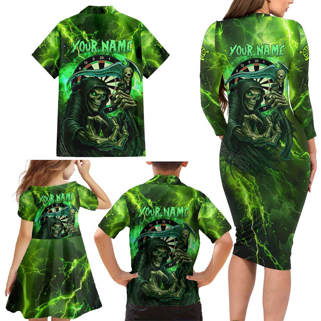 Grim Reaper and Dartboard Darts Family Matching Long Sleeve Bodycon Dress and Hawaiian Shirt with Green Lightning Background and Custom Team Name - Wonder Print Shop