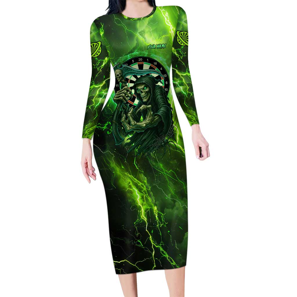 Grim Reaper and Dartboard Darts Family Matching Long Sleeve Bodycon Dress and Hawaiian Shirt with Green Lightning Background and Custom Team Name - Wonder Print Shop