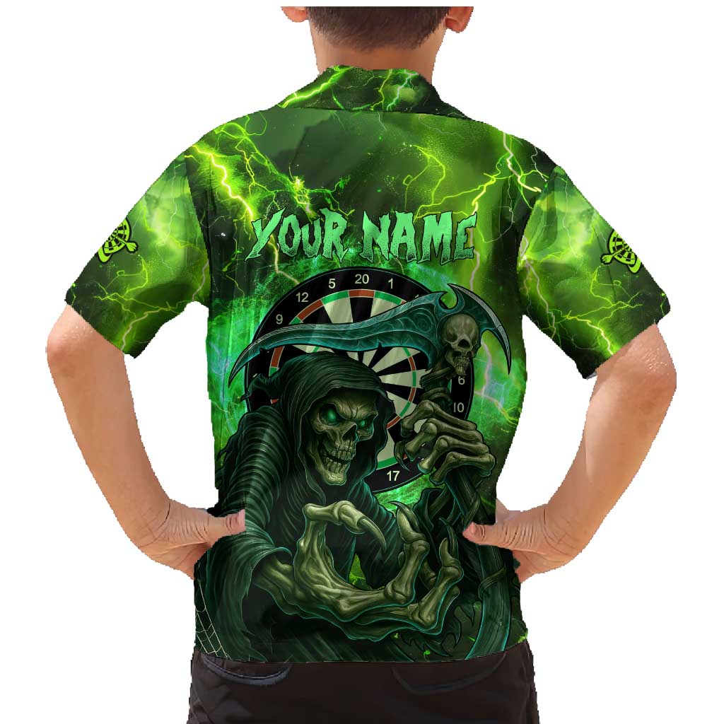 Grim Reaper and Dartboard Darts Family Matching Mermaid Dress and Hawaiian Shirt with Green Lightning Background and Custom Team Name - Wonder Print Shop