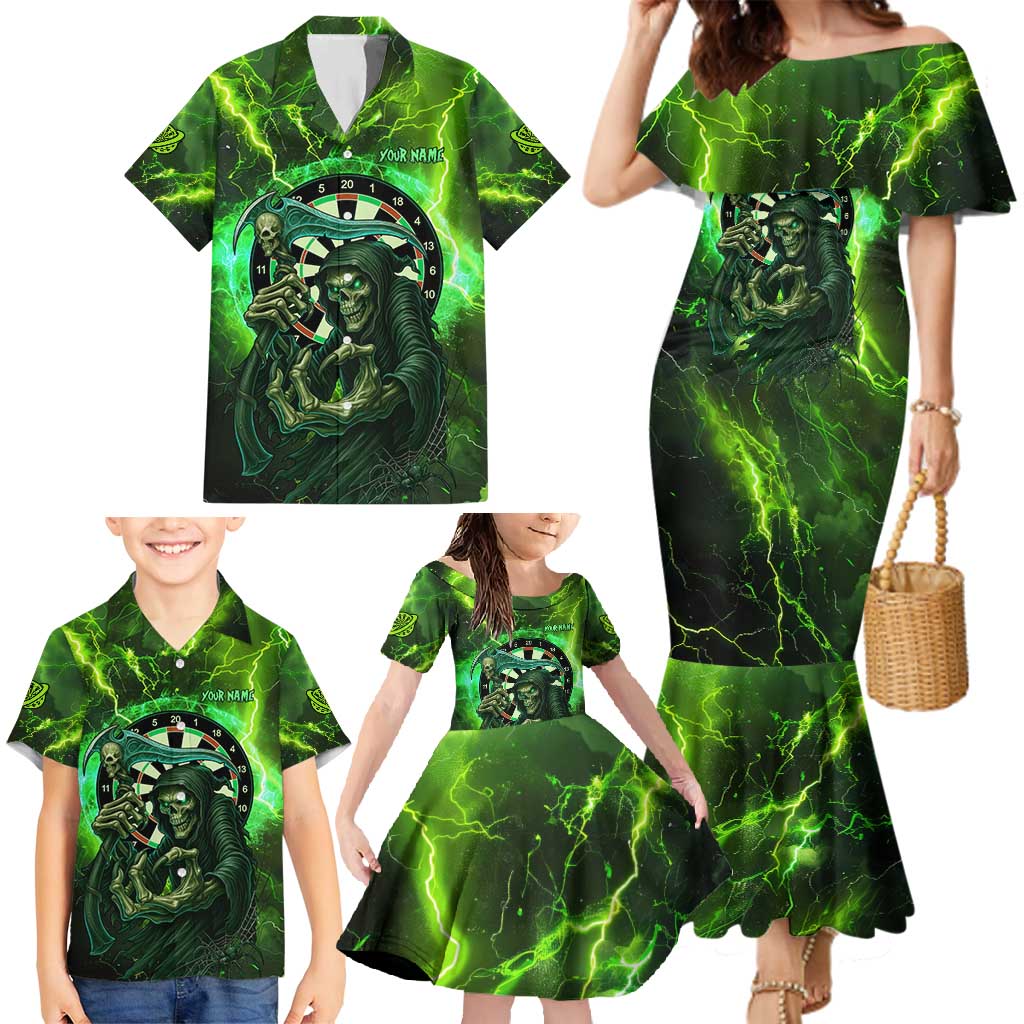 Grim Reaper and Dartboard Darts Family Matching Mermaid Dress and Hawaiian Shirt with Green Lightning Background and Custom Team Name - Wonder Print Shop