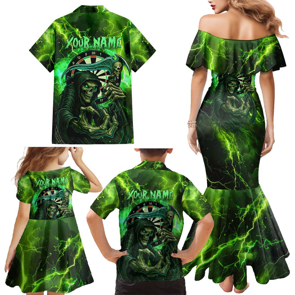 Grim Reaper and Dartboard Darts Family Matching Mermaid Dress and Hawaiian Shirt with Green Lightning Background and Custom Team Name - Wonder Print Shop