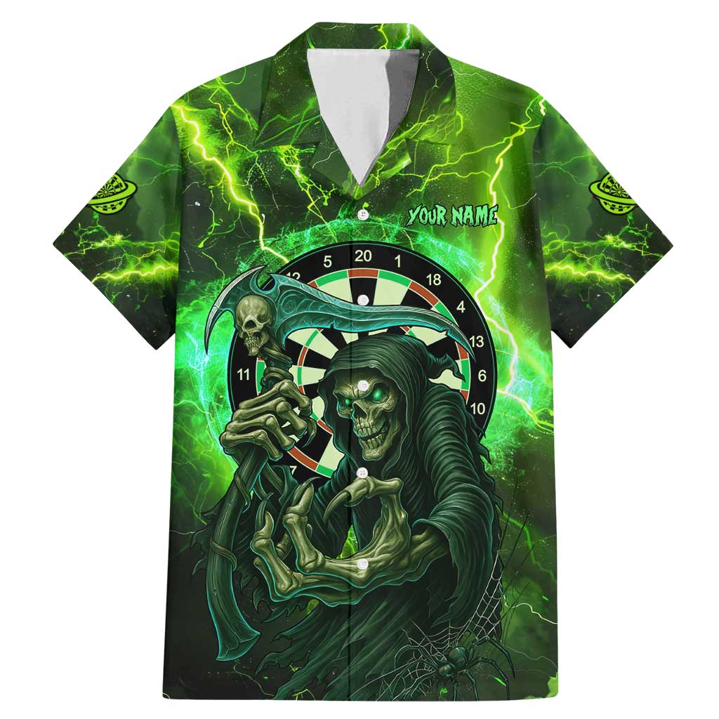 Grim Reaper and Dartboard Darts Family Matching Mermaid Dress and Hawaiian Shirt with Green Lightning Background and Custom Team Name - Wonder Print Shop