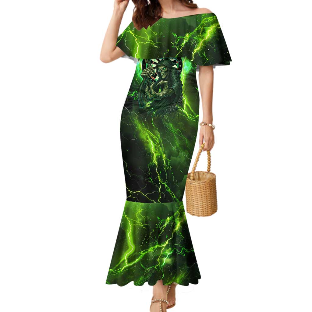 Grim Reaper and Dartboard Darts Family Matching Mermaid Dress and Hawaiian Shirt with Green Lightning Background and Custom Team Name - Wonder Print Shop