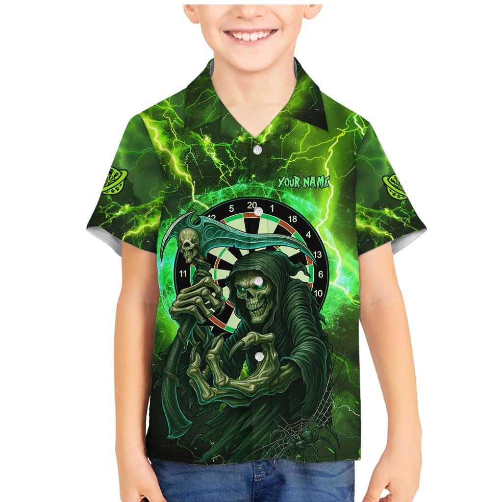 Grim Reaper and Dartboard Darts Family Matching Mermaid Dress and Hawaiian Shirt with Green Lightning Background and Custom Team Name - Wonder Print Shop
