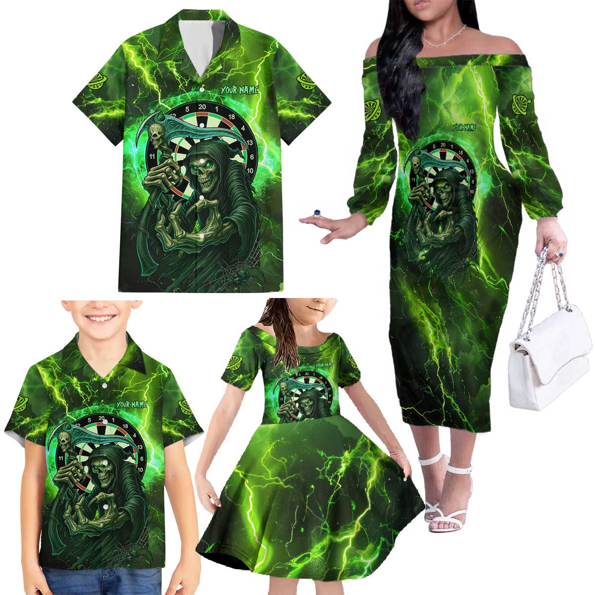Grim Reaper and Dartboard Darts Family Matching Off The Shoulder Long Sleeve Dress and Hawaiian Shirt with Green Lightning Background and Custom Team Name - Wonder Print Shop