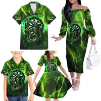 Grim Reaper and Dartboard Darts Family Matching Off The Shoulder Long Sleeve Dress and Hawaiian Shirt with Green Lightning Background and Custom Team Name - Wonder Print Shop