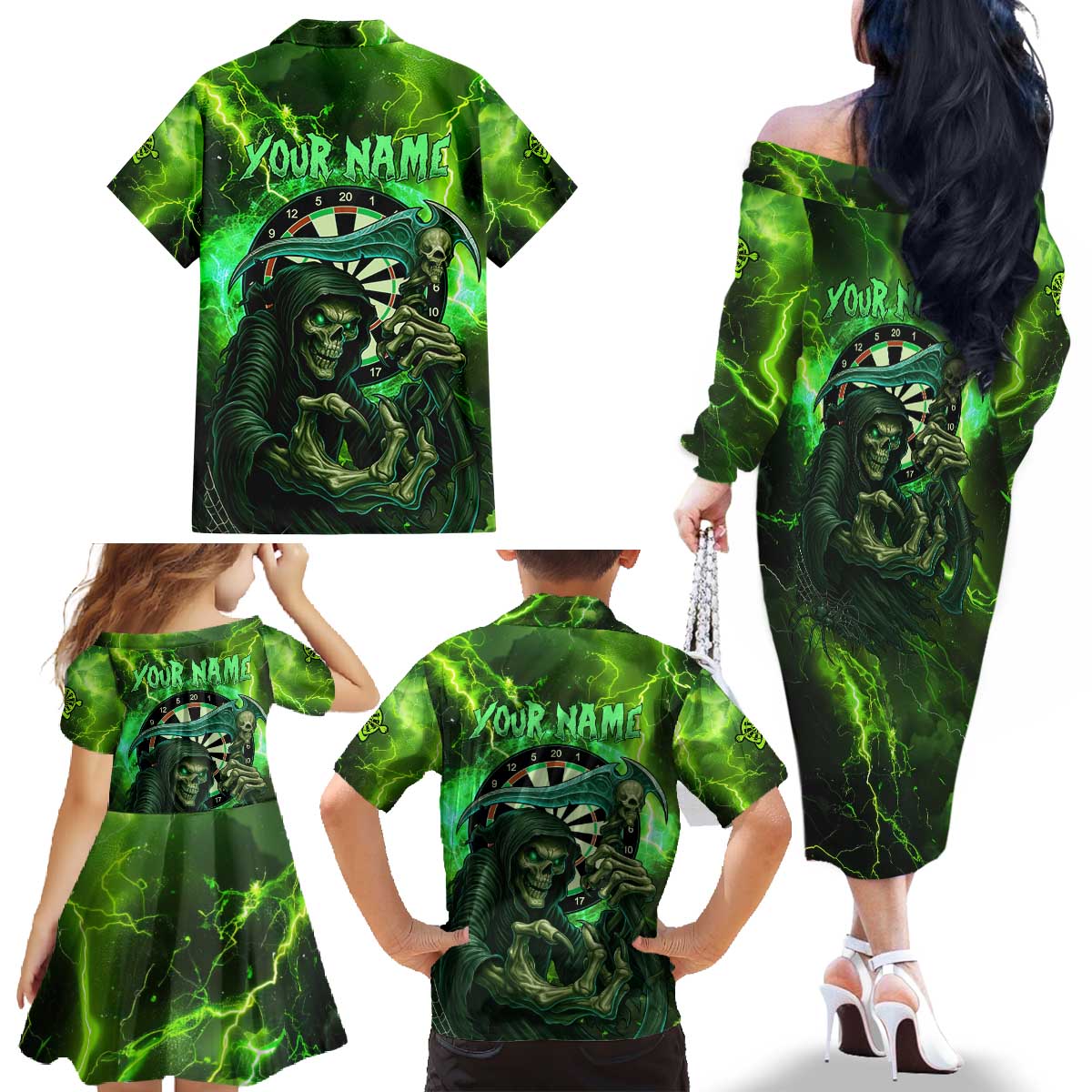Grim Reaper and Dartboard Darts Family Matching Off The Shoulder Long Sleeve Dress and Hawaiian Shirt with Green Lightning Background and Custom Team Name - Wonder Print Shop