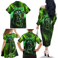 Grim Reaper and Dartboard Darts Family Matching Off The Shoulder Long Sleeve Dress and Hawaiian Shirt with Green Lightning Background and Custom Team Name - Wonder Print Shop