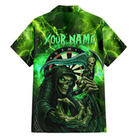 Grim Reaper and Dartboard Darts Family Matching Off The Shoulder Long Sleeve Dress and Hawaiian Shirt with Green Lightning Background and Custom Team Name - Wonder Print Shop