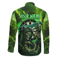 Grim Reaper and Dartboard Darts Family Matching Off The Shoulder Long Sleeve Dress and Hawaiian Shirt with Green Lightning Background and Custom Team Name - Wonder Print Shop