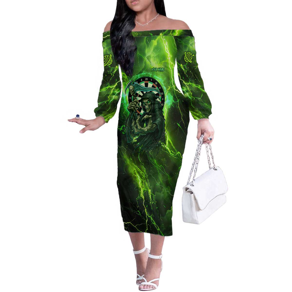 Grim Reaper and Dartboard Darts Family Matching Off The Shoulder Long Sleeve Dress and Hawaiian Shirt with Green Lightning Background and Custom Team Name - Wonder Print Shop