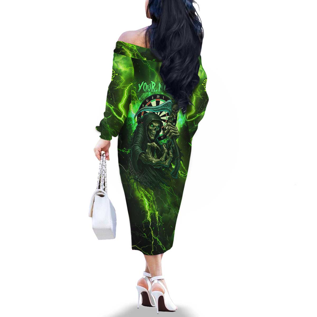 Grim Reaper and Dartboard Darts Family Matching Off The Shoulder Long Sleeve Dress and Hawaiian Shirt with Green Lightning Background and Custom Team Name - Wonder Print Shop