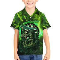 Grim Reaper and Dartboard Darts Family Matching Off The Shoulder Long Sleeve Dress and Hawaiian Shirt with Green Lightning Background and Custom Team Name - Wonder Print Shop