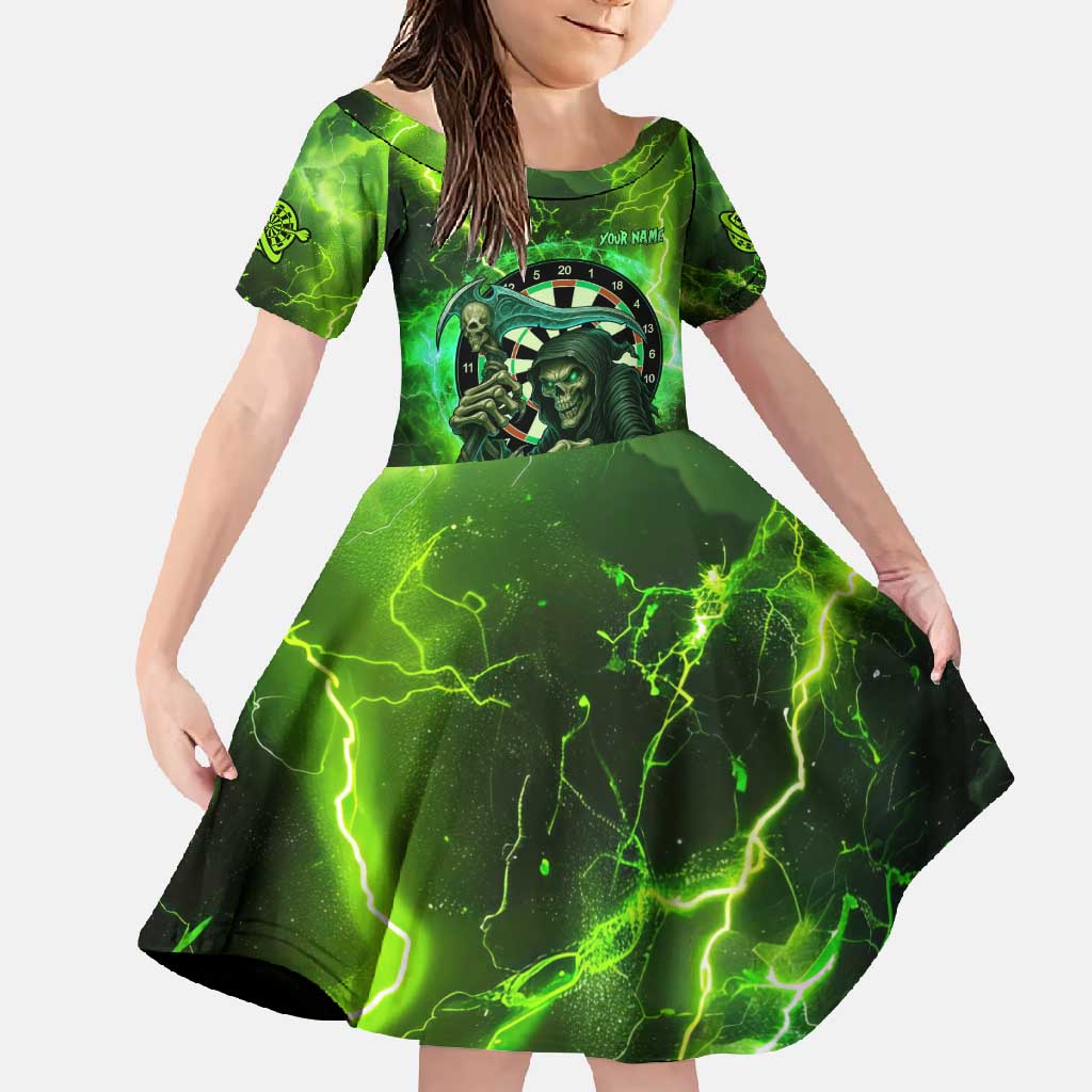 Grim Reaper and Dartboard Darts Family Matching Off Shoulder Maxi Dress and Hawaiian Shirt with Green Lightning Background and Custom Team Name - Wonder Print Shop