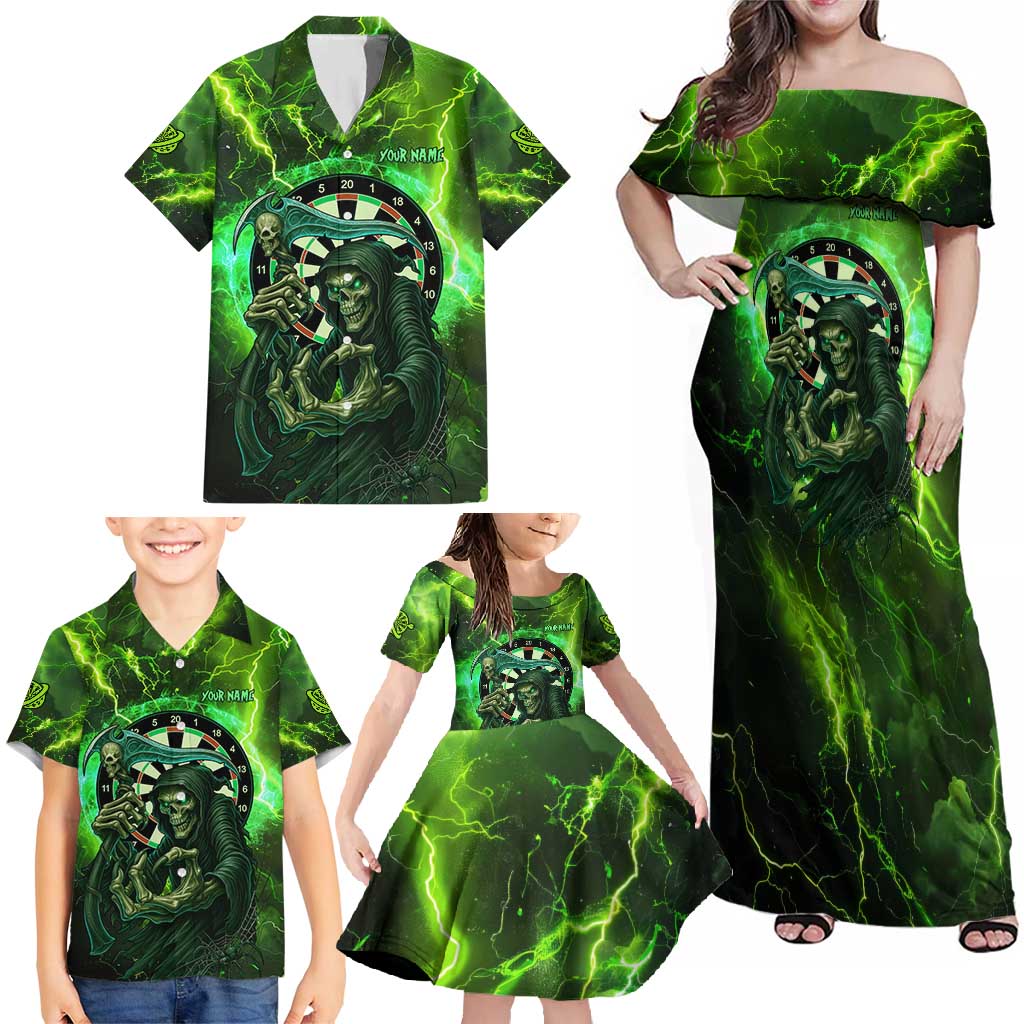 Grim Reaper and Dartboard Darts Family Matching Off Shoulder Maxi Dress and Hawaiian Shirt with Green Lightning Background and Custom Team Name - Wonder Print Shop