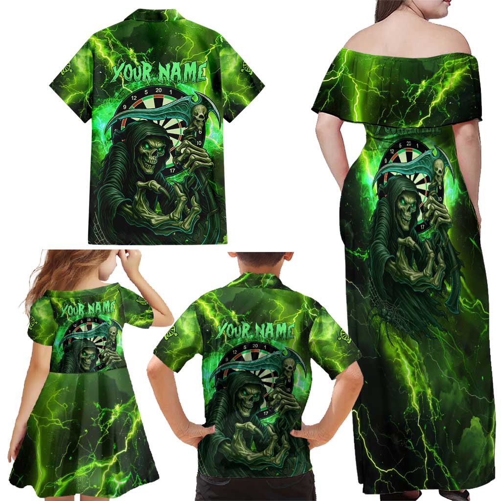 Grim Reaper and Dartboard Darts Family Matching Off Shoulder Maxi Dress and Hawaiian Shirt with Green Lightning Background and Custom Team Name - Wonder Print Shop