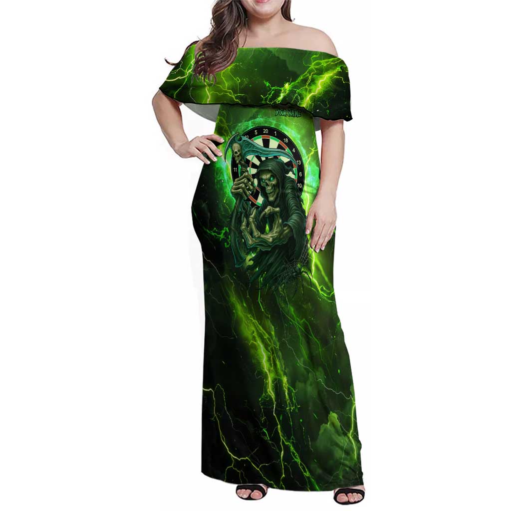 Grim Reaper and Dartboard Darts Family Matching Off Shoulder Maxi Dress and Hawaiian Shirt with Green Lightning Background and Custom Team Name - Wonder Print Shop