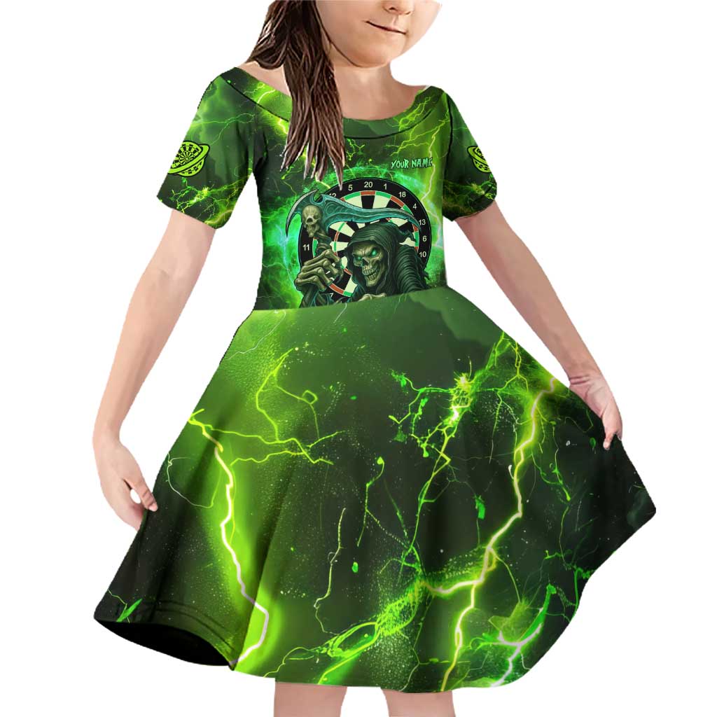 Grim Reaper and Dartboard Darts Family Matching Off Shoulder Short Dress and Hawaiian Shirt with Green Lightning Background and Custom Team Name - Wonder Print Shop