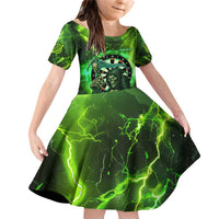Grim Reaper and Dartboard Darts Family Matching Off Shoulder Short Dress and Hawaiian Shirt with Green Lightning Background and Custom Team Name - Wonder Print Shop