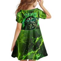Grim Reaper and Dartboard Darts Family Matching Off Shoulder Short Dress and Hawaiian Shirt with Green Lightning Background and Custom Team Name - Wonder Print Shop