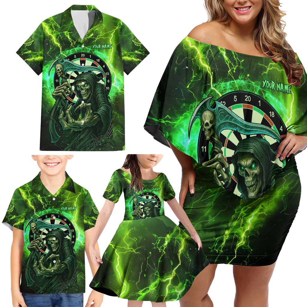 Grim Reaper and Dartboard Darts Family Matching Off Shoulder Short Dress and Hawaiian Shirt with Green Lightning Background and Custom Team Name - Wonder Print Shop