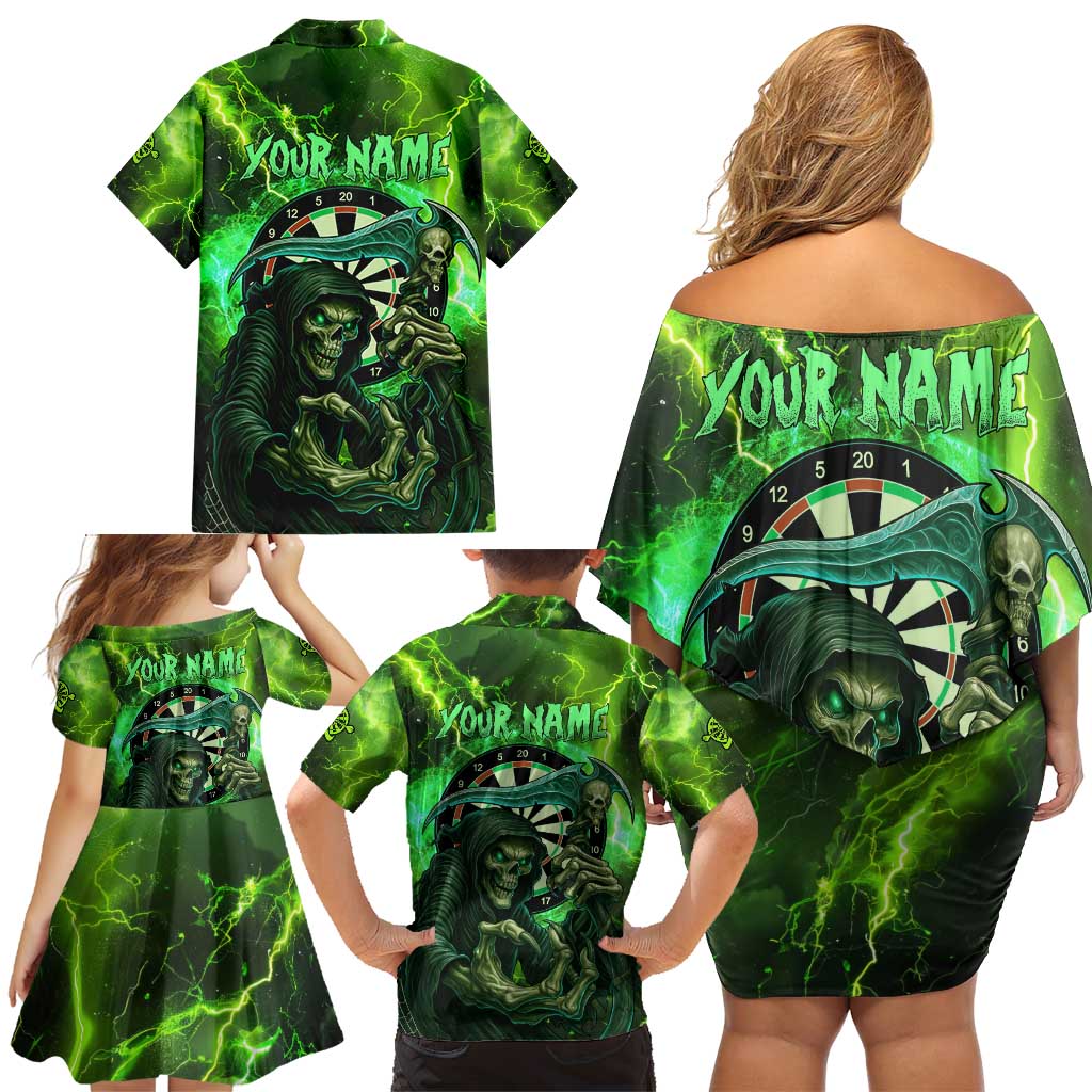 Grim Reaper and Dartboard Darts Family Matching Off Shoulder Short Dress and Hawaiian Shirt with Green Lightning Background and Custom Team Name - Wonder Print Shop