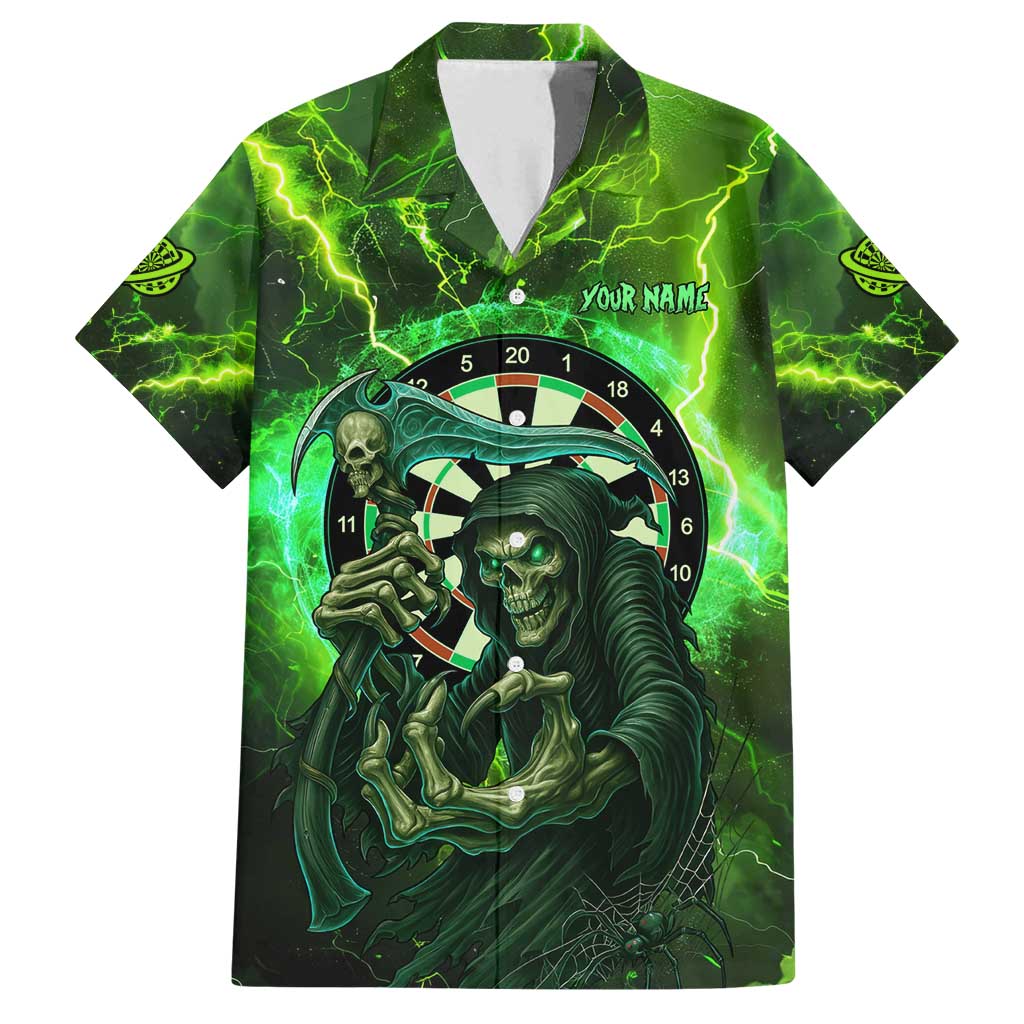 Grim Reaper and Dartboard Darts Family Matching Off Shoulder Short Dress and Hawaiian Shirt with Green Lightning Background and Custom Team Name - Wonder Print Shop