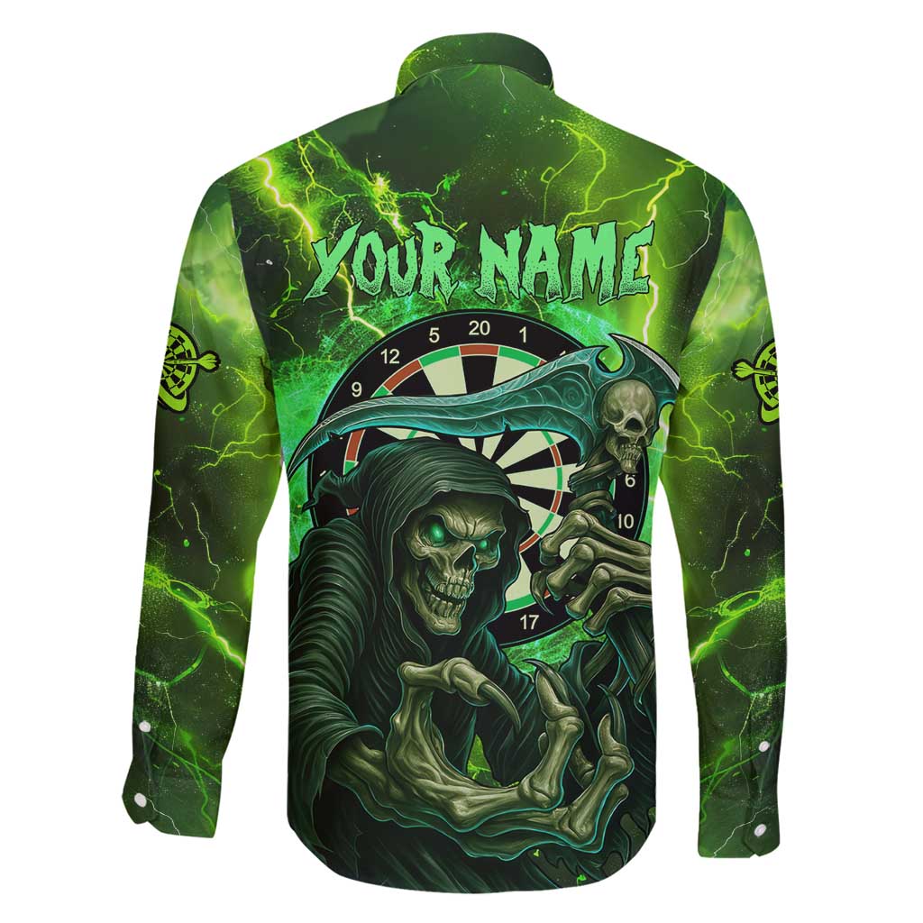 Grim Reaper and Dartboard Darts Family Matching Off Shoulder Short Dress and Hawaiian Shirt with Green Lightning Background and Custom Team Name - Wonder Print Shop