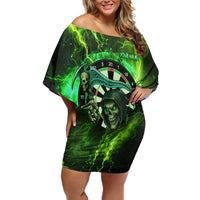 Grim Reaper and Dartboard Darts Family Matching Off Shoulder Short Dress and Hawaiian Shirt with Green Lightning Background and Custom Team Name - Wonder Print Shop