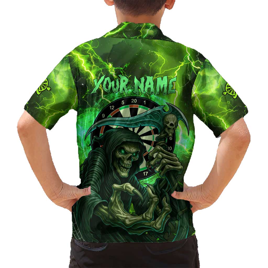Grim Reaper and Dartboard Darts Family Matching Puletasi and Hawaiian Shirt with Green Lightning Background and Custom Team Name - Wonder Print Shop