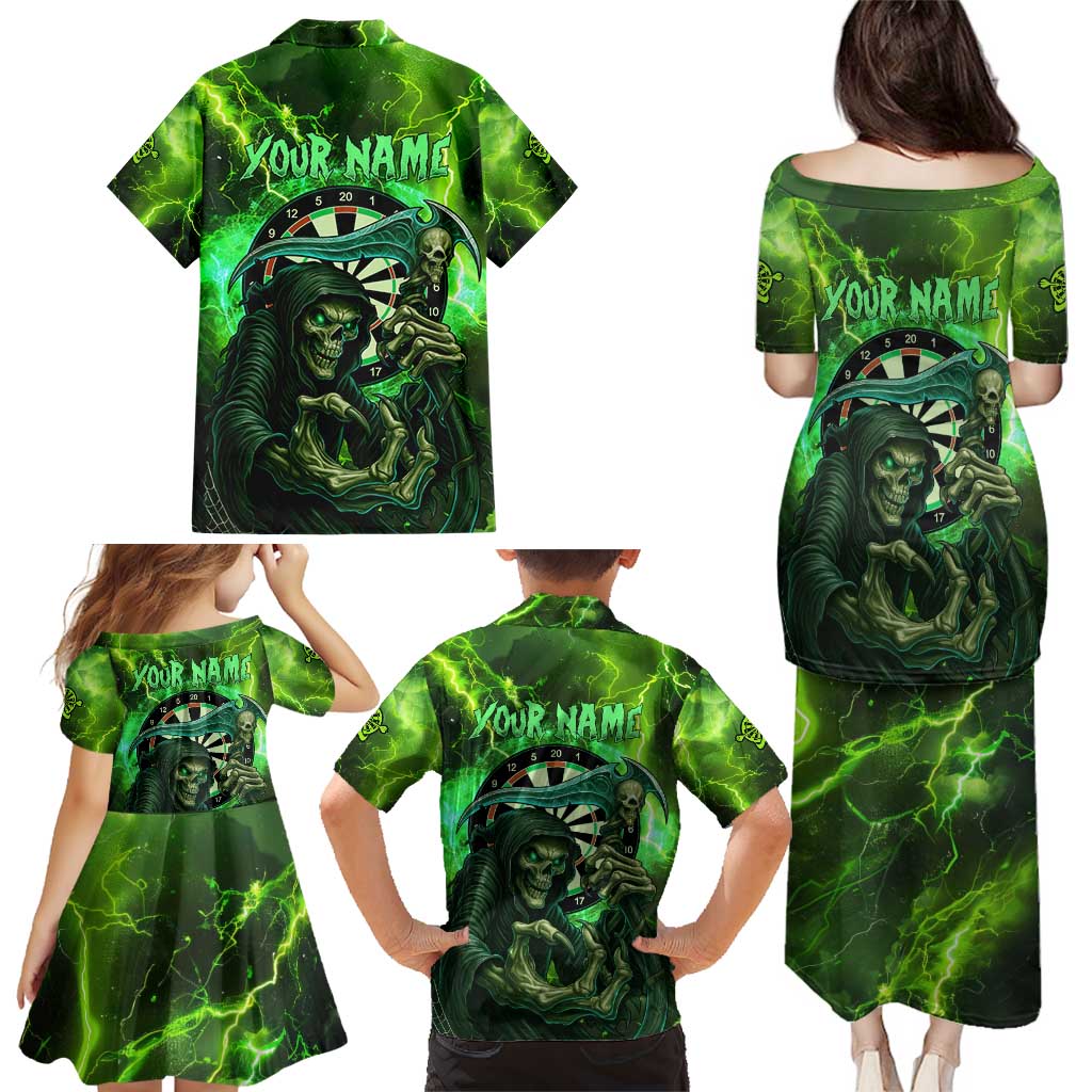 Grim Reaper and Dartboard Darts Family Matching Puletasi and Hawaiian Shirt with Green Lightning Background and Custom Team Name - Wonder Print Shop