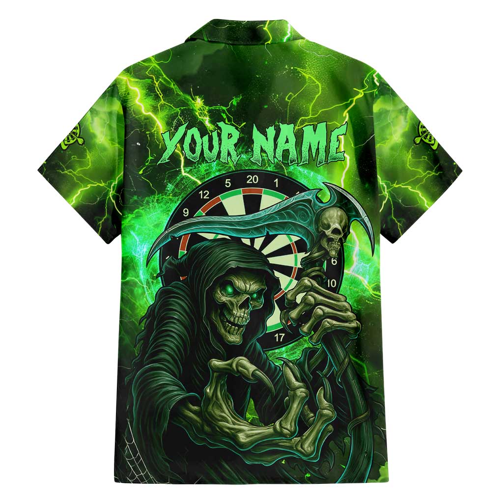 Grim Reaper and Dartboard Darts Family Matching Puletasi and Hawaiian Shirt with Green Lightning Background and Custom Team Name - Wonder Print Shop