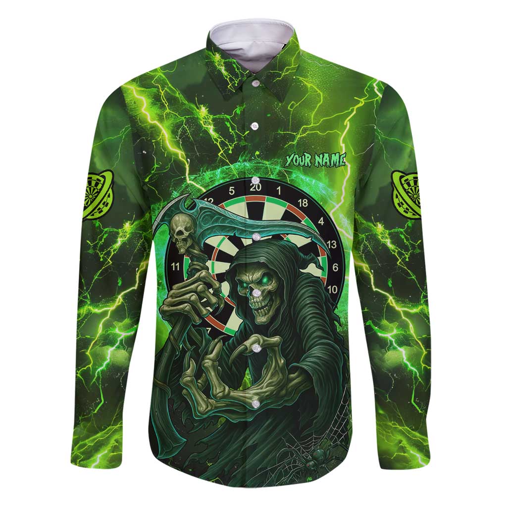 Grim Reaper and Dartboard Darts Family Matching Puletasi and Hawaiian Shirt with Green Lightning Background and Custom Team Name - Wonder Print Shop
