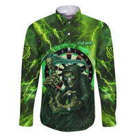 Grim Reaper and Dartboard Darts Family Matching Puletasi and Hawaiian Shirt with Green Lightning Background and Custom Team Name - Wonder Print Shop